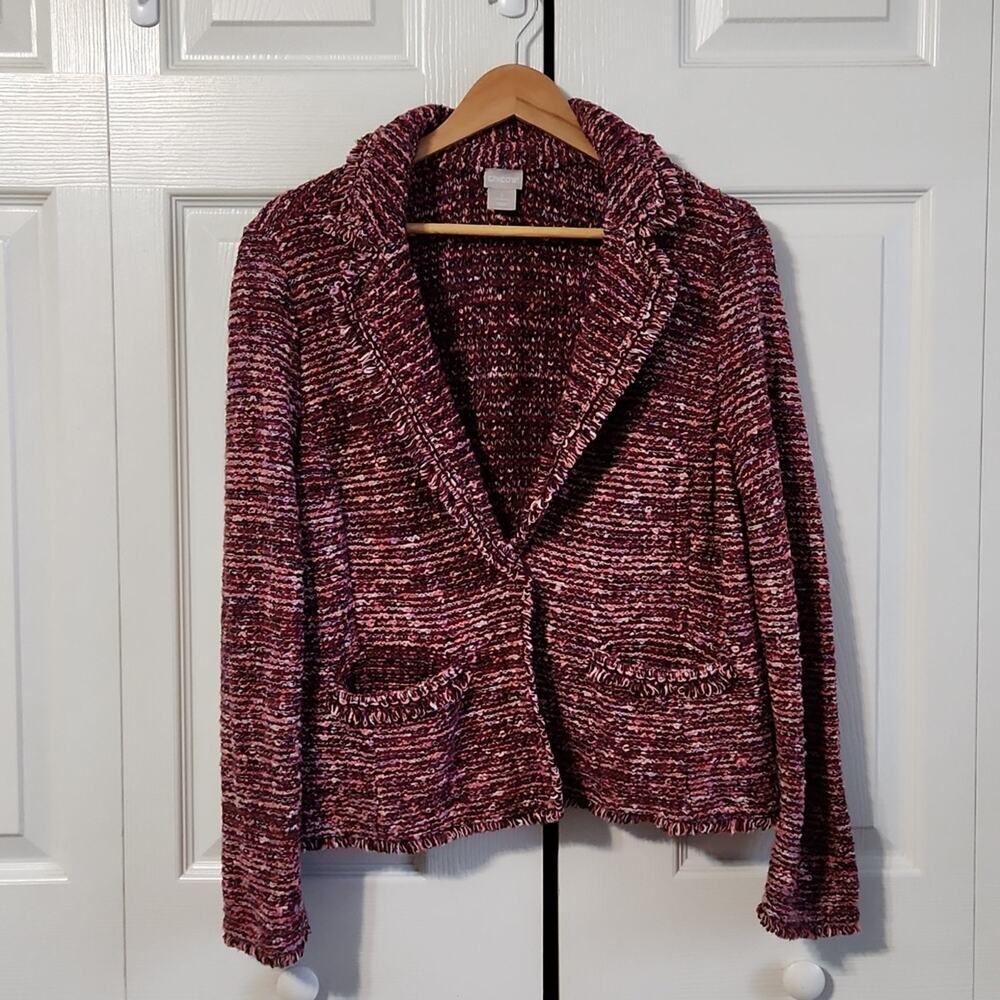 Chico's Women's Structured Cardigan Sweater Size 2/LG Burgundy Pink Fringe‎